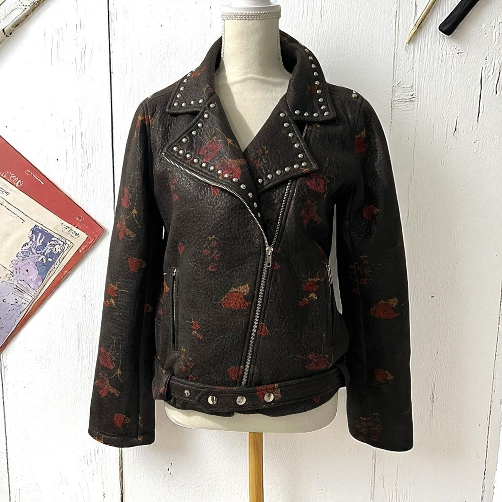 Sage The Label Brown Vegan Leather Floral Studded Moto‎ Biker Jacket Size Large